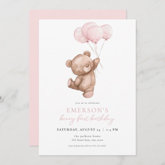 Roze Meisje Beary Eerste Verjaardag Uitnodiging (Voorkant / Achterkant)
