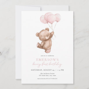 Roze Meisje Beary Eerste Verjaardag Uitnodiging