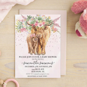 Roze Meisje Bloem Hoogland Koe Kalveren Baby Showe Kaart