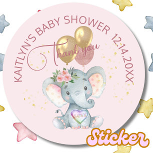 Roze Meisje Bloemen Olifant Baby shower Bedankt Ronde Sticker