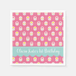 Roze Meisje Bloemen Patroon 1e Verjaardag Servet