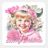 Roze Meisje Bloemen Vrolijk Kerstfeest Vierkante Sticker (Voorkant)