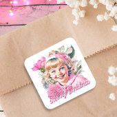 Roze Meisje Bloemen Vrolijk Kerstfeest Vierkante Sticker