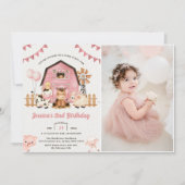 Roze Meisje Boerderijdieren 2e Verjaardag Feestfot Kaart (Voorkant)