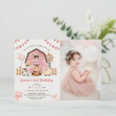 Roze Meisje Boerderijdieren 2e Verjaardag Feestfot Kaart (Staand voorkant)