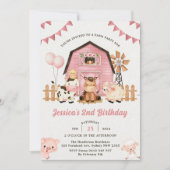 Roze Meisje Boerderijdieren 2e Verjaardagsfeest Kaart (Voorkant)