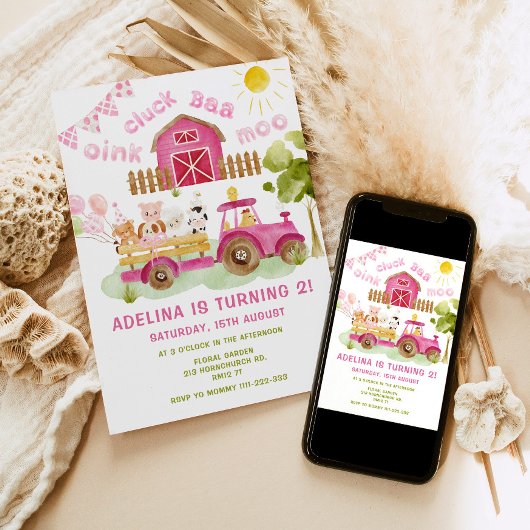 Roze meisje Boerderijdieren 2e verjaardagsfeestje Kaart