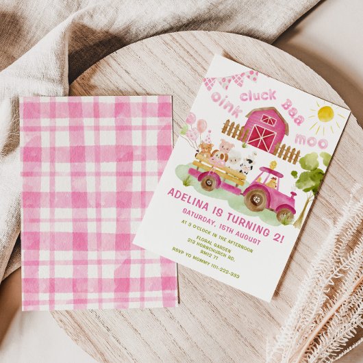 Roze meisje Boerderijdieren 2e verjaardagsfeestje Kaart