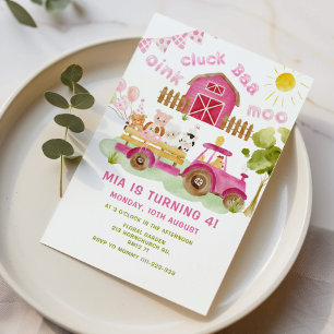 Roze meisje Boerderijdieren 4e verjaardagsfeest Kaart