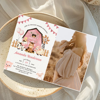 Roze Meisje Boerderijdieren Baby shower Party Foto Kaart