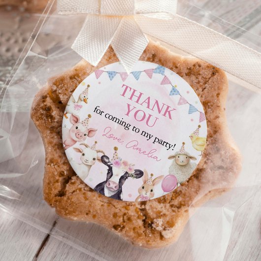 Roze Meisje Boerderijdieren Verjaardag Ronde Sticker