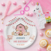 Roze Meisje Boerderijdieren Verjaardagsfeest Papieren Bordje (Feest)