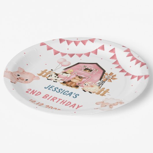 Roze Meisje Boerderijdieren Verjaardagsfeest Papieren Bordje (Gekanteld)