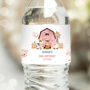 Roze Meisje Boerderijdieren Verjaardagsfeest Waterfles Etiket