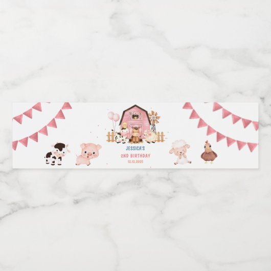 Roze Meisje Boerderijdieren Verjaardagsfeest Waterfles Etiket (Enkel label)