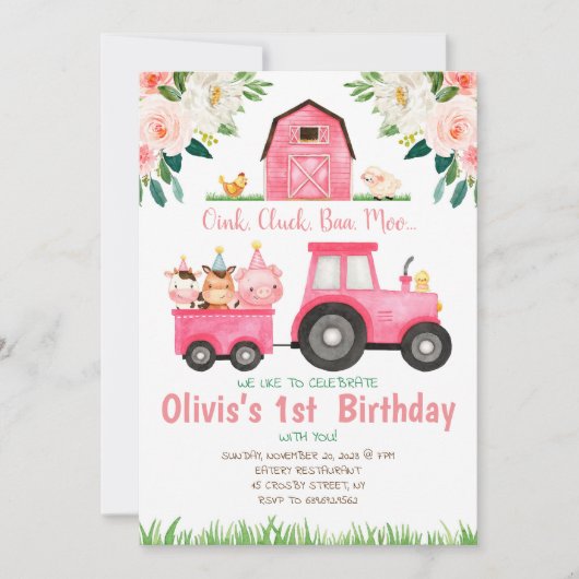 Roze meisje Boerderijdieren verjaardagsfeestje Kaart (Voorkant)