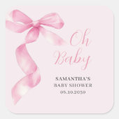 Roze Meisje Bow Oh Baby shower Vierkante Sticker (Voorkant)