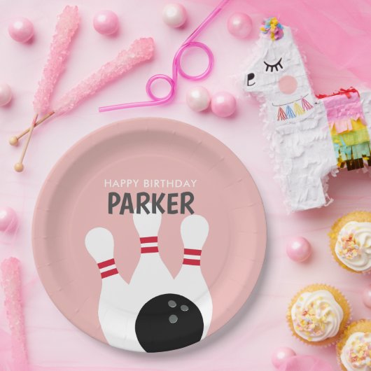 Roze Meisje Bowling Verjaardagsfeestje Papieren Bordje (Feest)