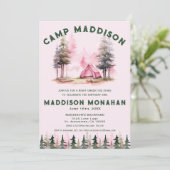 Roze Meisje Camping Verjaardag Uitnodiging (Staand voorkant)