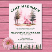 Roze Meisje Camping Verjaardag Uitnodiging