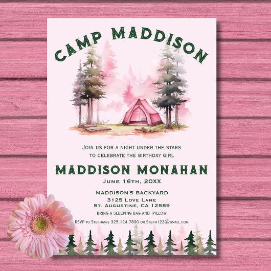 Roze Meisje Camping Verjaardag Uitnodiging