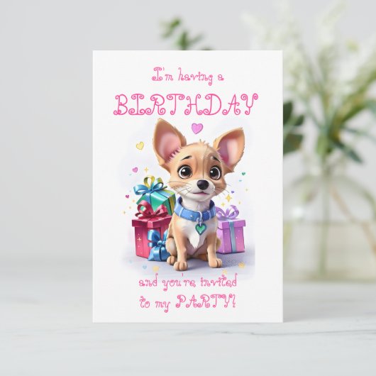 Roze Meisje Chihuahua Verjaardagsfeestje Kaart (Staand voorkant)