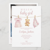 Roze Meisje Clothesline Baby shower Foto QR Code Kaart (Voorkant / Achterkant)