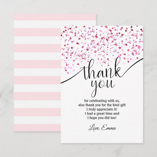 roze, meisje, confetti, bedankkaart kaart (Voorkant / Achterkant)