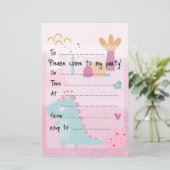Roze meisje dino verjaardagsfeest invulblad (Staand voorkant)