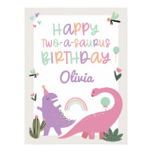 Roze Meisje Dinosaurus 2e Verjaardag Party Poster 