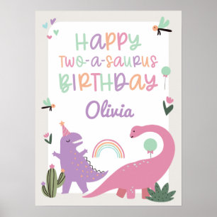 Roze Meisje Dinosaurus 2e Verjaardag Party Poster