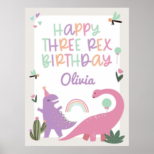Roze Meisje Dinosaurus 3e Verjaardagsfeestje Poste Poster (Voorkant)