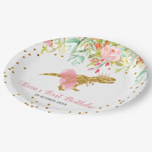 Roze Meisje Dinosaurus Papier Party Bord (Gekanteld)