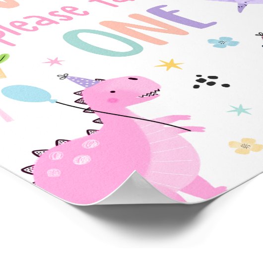 Roze Meisje Dinosaurus Verjaardagsfeestgunsten Poster (Hoek)