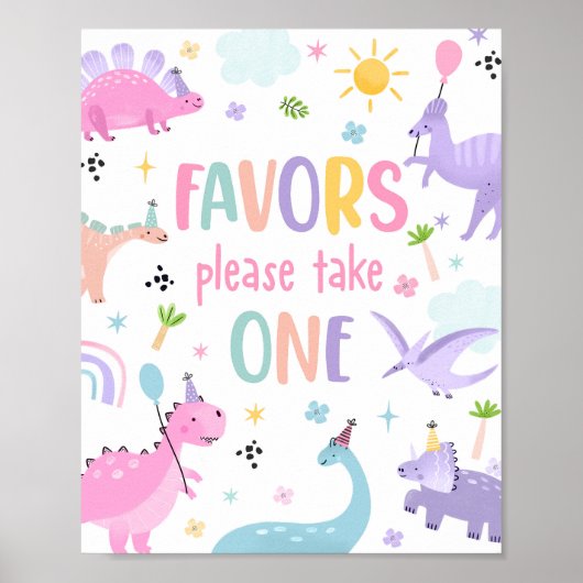 Roze Meisje Dinosaurus Verjaardagsfeestgunsten Poster (Voorkant)