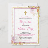 Roze Meisje Doop Bloemen Glitter Uitnodiging (Voorkant)