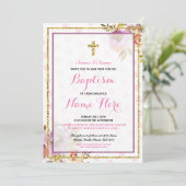 Roze Meisje Doop Bloemen Glitter Uitnodiging (Staand voorkant)