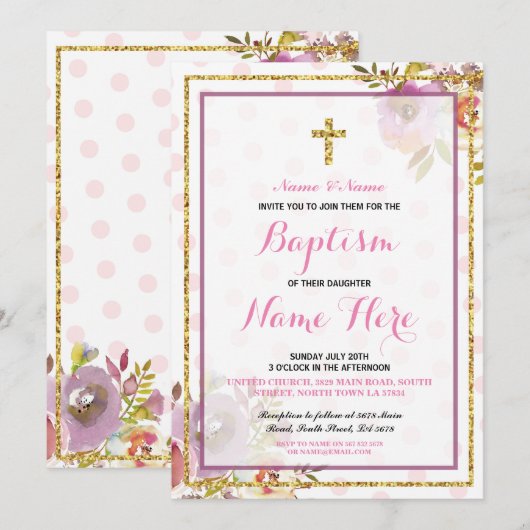 Roze Meisje Doop Bloemen Glitter Uitnodiging (Voorkant / Achterkant)