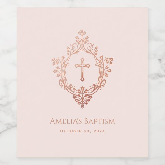 Roze Meisje Doop Crest Elegant  Kruis Wijn Etiket (Enkel label)