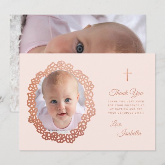 Roze Meisje Doop Foto in Roos Gouden Bloemenkrans Bedankkaart (Voorkant / Achterkant)