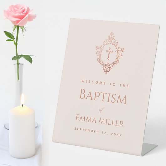 Roze Meisje Doop Roos Gold Crest Elegant Welkom Reclamebord Met Voetstuk
