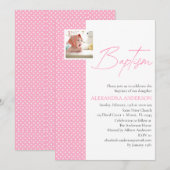 Roze Meisje Doop Uitnodigen met Foto & Polka Dots Kaart (Voorkant / Achterkant)