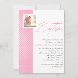 Roze Meisje Doop Uitnodigen met Foto & Polka Dots Kaart