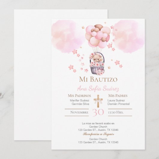 Roze meisje doop uitnodiging (Voorkant / Achterkant)