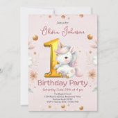 Roze Meisje Eenhoorn 1e Verjaardag Kaart (Voorkant)