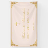 Roze Meisje Eerste Communie Faux Gold Cross Welkom Spandoek (Verticaal)