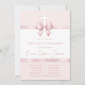 Roze Meisje Eerste Communie Ribbon Bow en Cross Kaart (Voorkant)