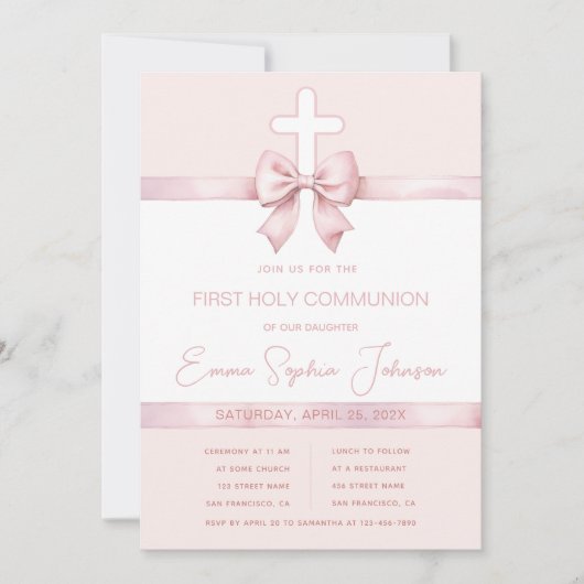 Roze Meisje Eerste Communie Ribbon Bow en Cross Kaart (Voorkant)