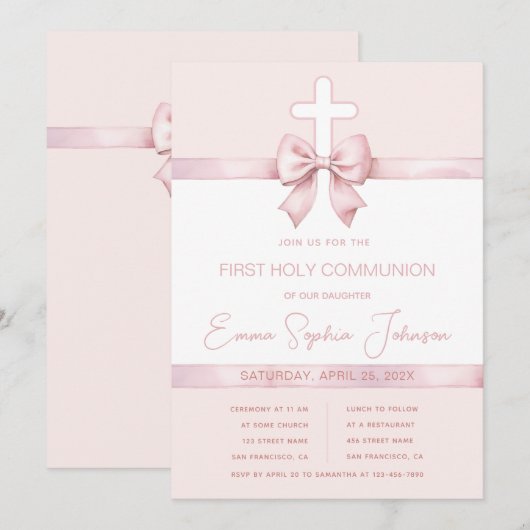 Roze Meisje Eerste Communie Ribbon Bow en Cross Kaart (Voorkant / Achterkant)