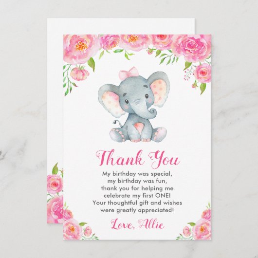 Roze Meisje Eerste Verjaardag Olifant Kleine Pinda Bedankkaart (Voorkant / Achterkant)